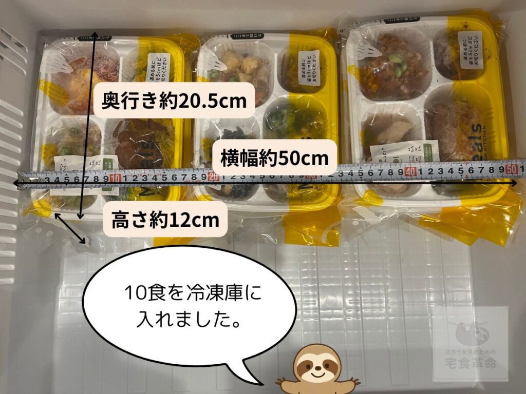 ミールズを冷凍庫に収納した様子。奥行き20.5cnm横幅50cm、高さ12cm