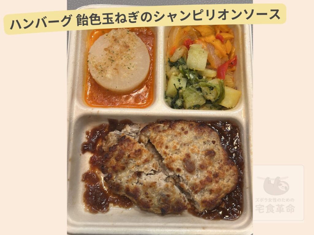 ハンバーグ 飴色玉ねぎのシャンピリオンソースの出来上がり写真。
